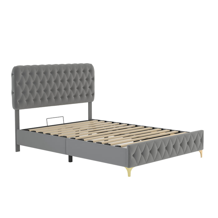 Queen Platform Bed Frame With Pneumatic Hydraulic Function, Velvet Upholstered Bed With Deep Tufted Buttons, Lift Up Storage Bed With Hidden Underbed Oversized Storage, Gray