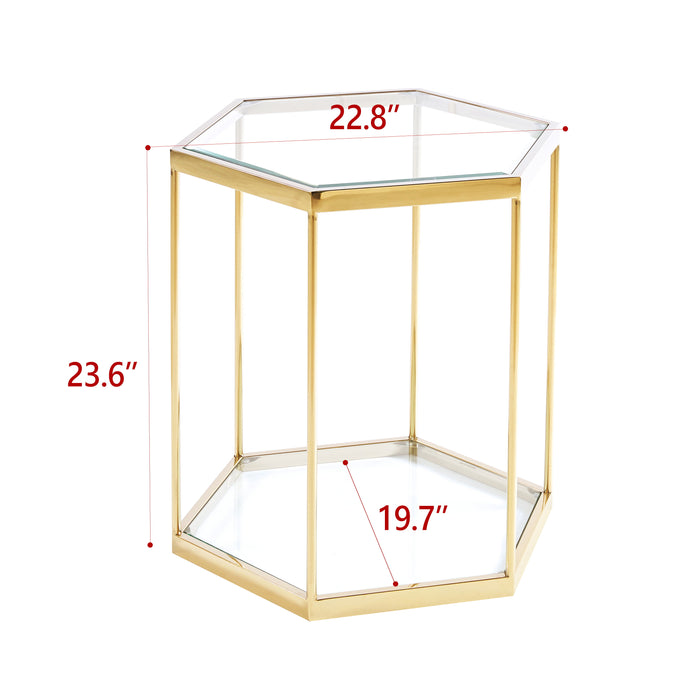 Modern Glass End Table With Gold Finish Stainless Steel Frame