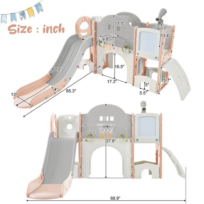 Kids Slide Playset Structure 9 In 1, Freestanding Spaceship Set With Slide, Arch Tunnel, Ring Toss, Drawing Whiteboardl And Basketball Hoop For Toddlers, Kids Climbers Playground - Pink / Grey