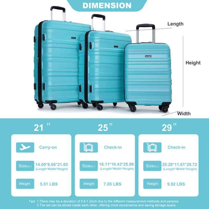 Expandable 3 Piece Luggage Sets Pc Lightweight & Durable Suitcase With Two Hooks, Spinner Wheels, Tsa Lock, (21 / 25 / 29) Aqua Blue