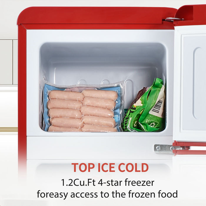 4.5 Cu. Ft. Dual Zone Refrigerator, 3.3 Fridge / 1.2 Cu. Ft. 4 - Star Freezer, 7 Temperature Settings, 45 Db, Red, Silver Handles, LED Lighting, Adjustable Shelves, 16.69" X 17.52" X 40.08"