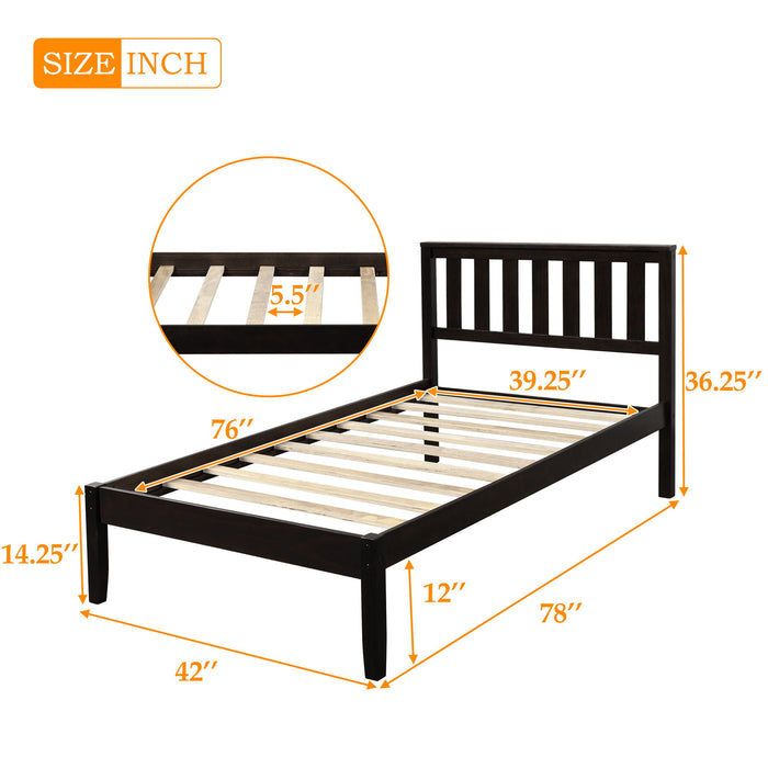 Wood Platform Bed With Headboard/Wood Slat Support, Twin - Espresso