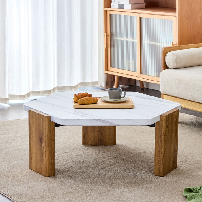 Modern Practical MDF Coffee Table With White Tabletop And Wooden Toned Legs, Suitable For Living Rooms And Guest Rooms