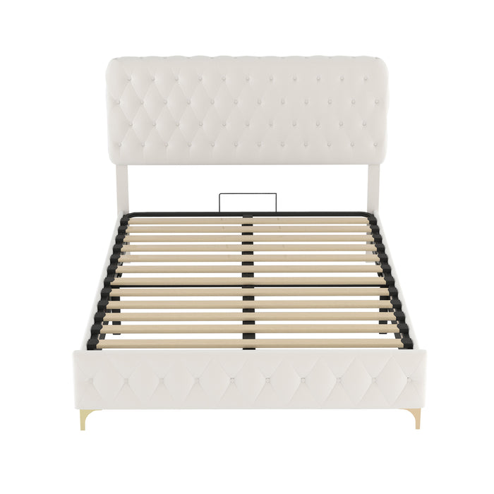 Queen Platform Bed Frame With Pneumatic Hydraulic Function, Velvet Upholstered Bed With Deep Tufted Buttons, Lift Up Storage Bed With Hidden Underbed Oversized Storage, Beige