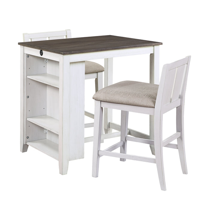 Transitional Design White And Gray Finish 3 Piece Pack Counter Height Set Table Display Shelf USB Ports And 2 Counter Height Chairs Fabric Upholstered Dining Furniture