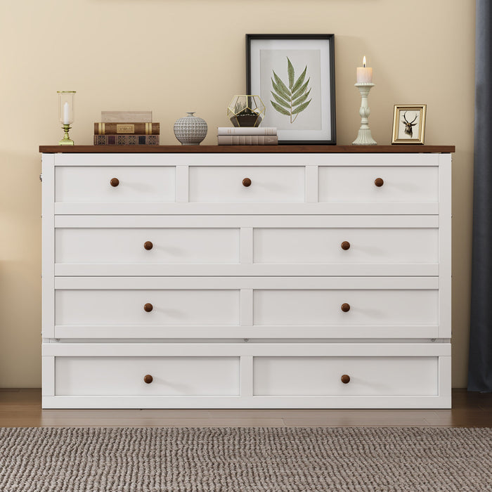 Solid Pine Murphy Bed Chest With Charging Station And Large Storage Drawer For Home Office Or Small Room, Queen, White / Walnut