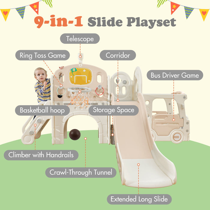 Kids Slide Playset Structure 9 In 1, Freestanding Castle Climbing Crawling Playhouse With Slide, Arch Tunnel, Ring Toss, Realistic Bus Model And Basketball Hoop, Toy Storage Organizer For Toddlers - Pink / White