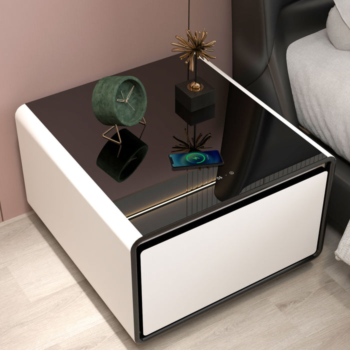Modern Smart Side Table With Built-In Fridge, Wireless Charging, Temperature Control, Power Socket, Usb Interface, Outlet Protection, Induction Light - White