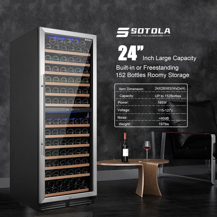 Sotola 24" Wine Cooler Refrigerator, 152 Bottle Large Capacity Fast Cooling Low Noise, Frost Free Wine Fridge With Digital Temperature Control, Freestanding Or Built-In