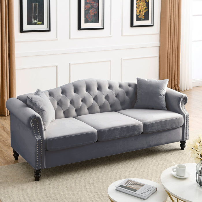 Chesterfield Sofa Grey Velvet For Living Room, 3 Seater Sofa Tufted Couch With Rolled Arms And Nailhead For Living Room, Bedroom, Office, Apartment, Two Pillows