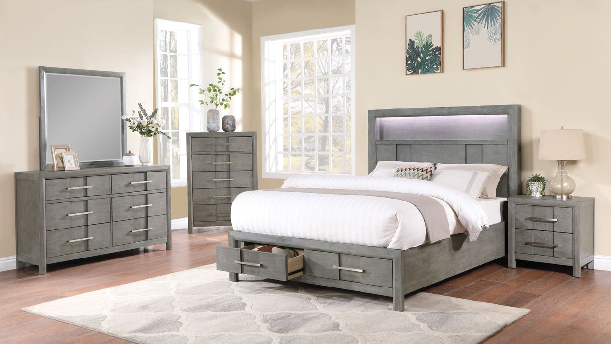 Kenzo Modern Style Queen 4 Piece Storage Bedroom Set Made With Wood, LED Headboard, Bluetooth Speakers & USB Ports - Grey