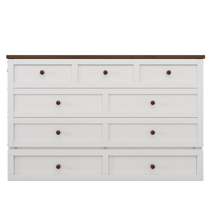 Solid Pine Murphy Bed Chest With Charging Station And Large Storage Drawer For Home Office Or Small Room, Queen, White / Walnut