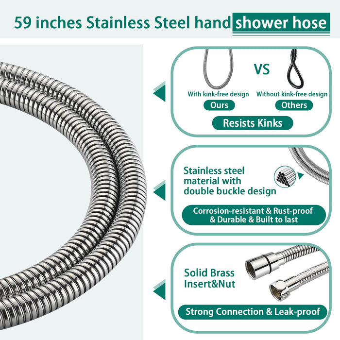 Drill - Free Stainless Steel Slide Bar Combo Rain Showerhead 7 Setting Hand, Dual Shower Head Spa System With Tup Spout (Rough-In Valve Included) - Chrome