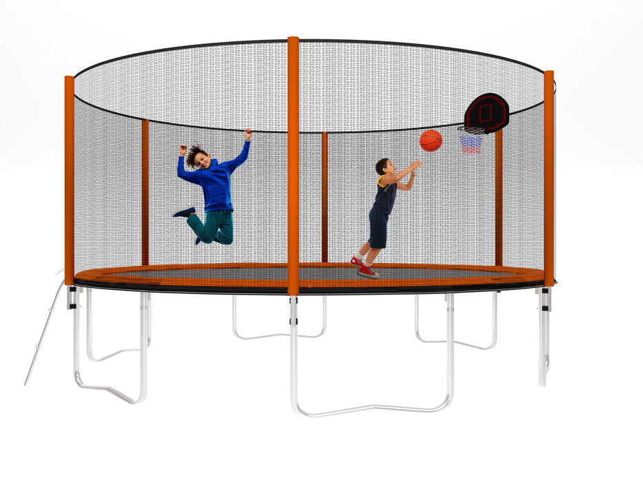 14 Ft Powder - Coated Advanced Trampoline With Basketball Hoop Inflator And Ladder (Outer Safety Enclosure) Orange