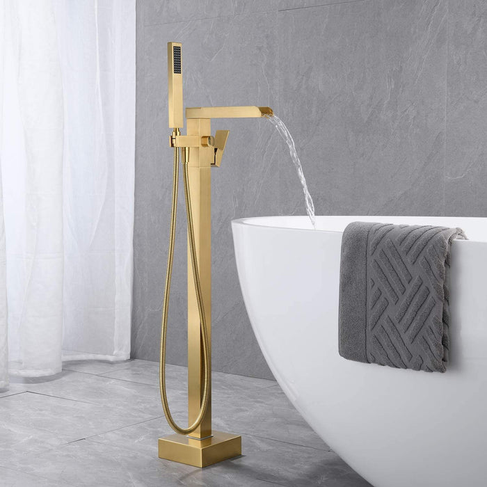 Bathroom Freestanding Waterfall Tub Filler Brushed Gold Floor Mount Faucet With Hand Shower