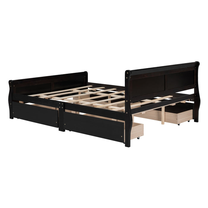 Queen Size Wood Platform Bed With 4 Drawers And Streamlined Headboard & Footboard, Espresso