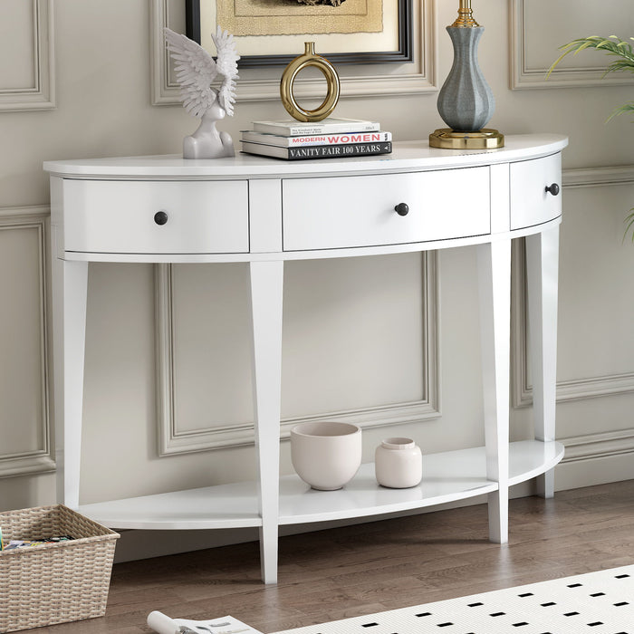 U-Style Modern Curved Console Table Sofa Table With 3 Drawers And 1 Shelf For Hallway, Entryway, Living Room - White