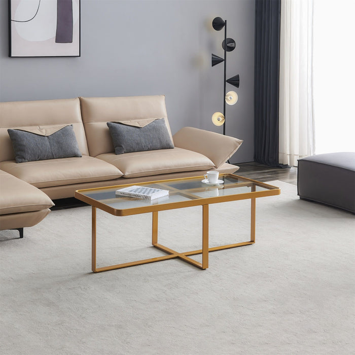 Minimalism Rectangle Coffee Table, Golden Metal Frame With Tempered Glass Tabletop