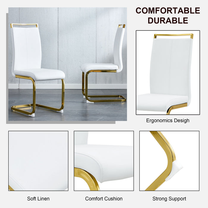 Table And Chair Set 1 Table And 4 White PU Backrest Cushions With Gold Metal Leg Chairs A Rectangular White Imitation Marble Desktop With MDF Legs And Gold Metal Decorative Strips