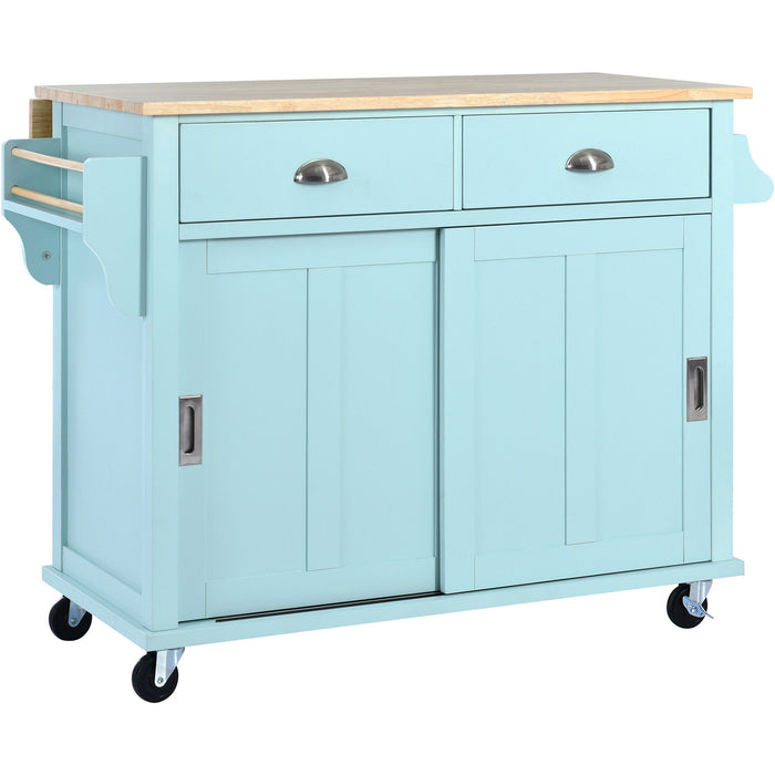 Kitchen Cart With Rubber Wood Drop - Leaf Countertop, Concealed Sliding Barn Door Adjustable Height, Kitchen Island On 4 Wheels With Storage Cabinet And 2 Drawers, L52.2Xw30.5Xh36.6", Mint Green