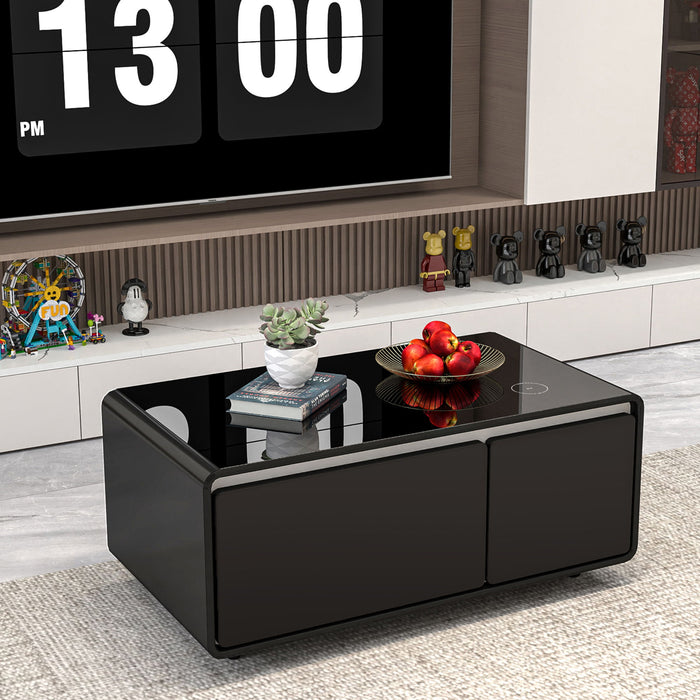 Modern Smart Coffee Table With Built-In Fridge, Wireless Charging, Power Socket, Usb Interface, Outlet Protection, Mechanical Temperature Control And Ice Water Interface - Black