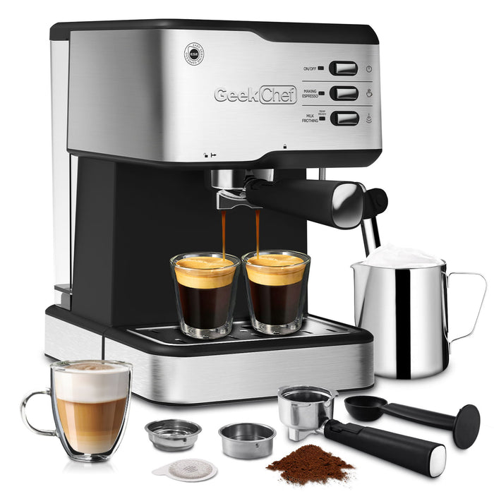 Geek Chef Espresso Machine, Espresso And CapPuccino Latte Maker 20 Bar Pump Coffee Machine Compatible With Ese Pod Capsules Filter & Milk Frother Steam Wand, 950W, 1.5L Water Tank