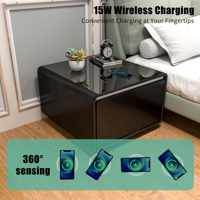 Modern Smart Side Table With Built-In Fridge, Wireless Charging, Temperature Control, Power Socket, Usb Interface, Outlet Protection, Induction Light - Black