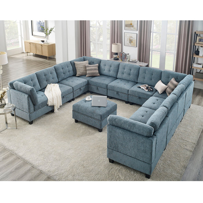 U-Shape Modular Sectional Sofa, Diy Combination, Includes Seven Single Chair, Four Corner And One Ottoman, Navy Blue