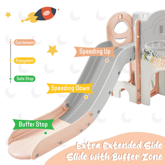 Kids Slide Playset Structure 9 In 1, Freestanding Spaceship Set With Slide, Arch Tunnel, Ring Toss, Drawing Whiteboardl And Basketball Hoop For Toddlers, Kids Climbers Playground - Pink / Grey