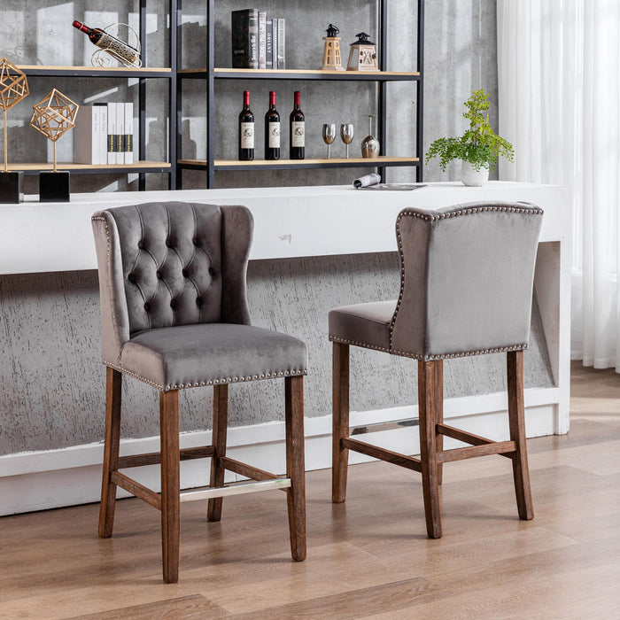 Counter Height Bar Stools, Upholstered 27" Seat Height Barstools, Wingback Breakfast Chairs With Nailhead - Trim & Tufted Back, Wood Legs, (Set of 2) - Gray