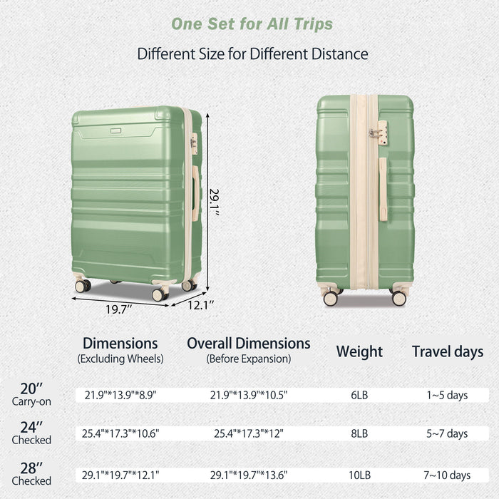 Luggage Sets New Model Expandable Abs Hardshell 3 Pieces Clearance Luggage Hardside Lightweight Durable Suitcase Sets Spinner Wheels Suitcase With Tsa Lock 20''24''28'' (Grass Green And Beige)
