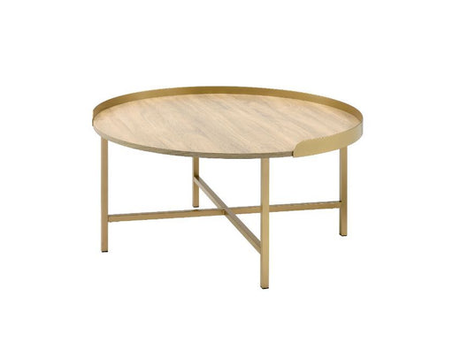 Mithea - Coffee Table - Oak Table Top & Gold Finish Unique Piece Furniture