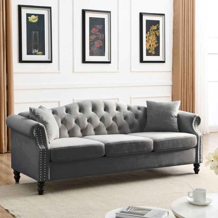 Chesterfield Sofa Grey Velvet For Living Room, 3 Seater Sofa Tufted Couch With Rolled Arms And Nailhead For Living Room, Bedroom, Office, Apartment, Two Pillows