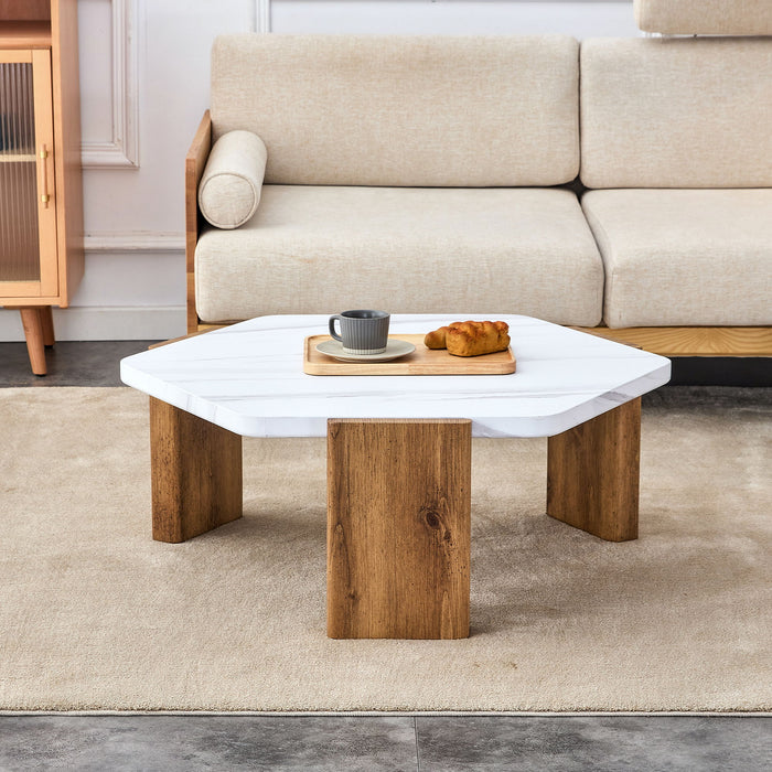 Modern Practical MDF Coffee Table With White Tabletop And Wooden Toned Legs, Suitable For Living Rooms And Guest Rooms