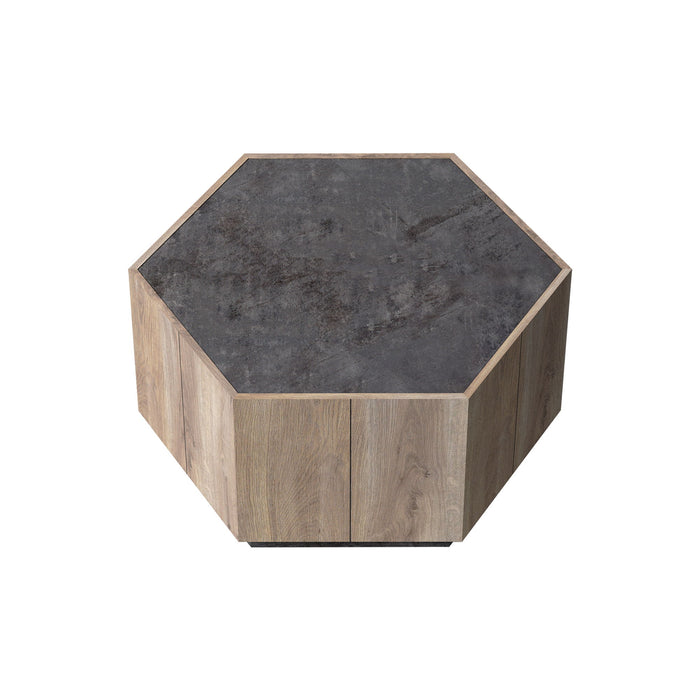 Hexagonal Rural Style Garden Retro Living Room Coffee Table With 2 Drawers, Textured Black + Warm Oak
