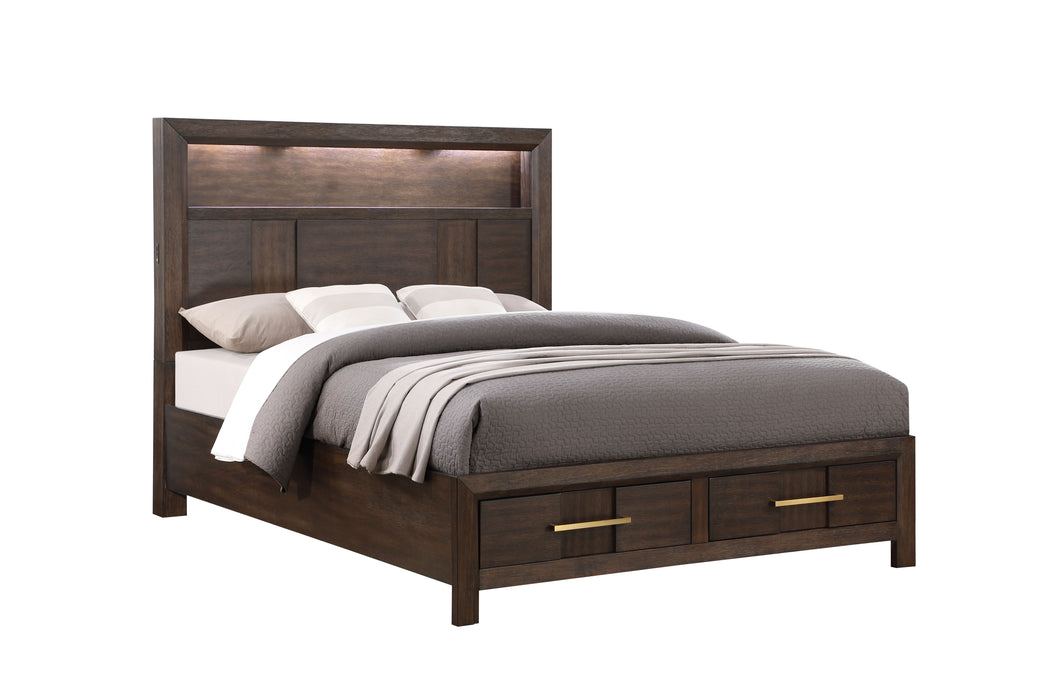 Kenzo Modern Style Queen 4 Piece Storage Bedroom Set Made With Wood, LED Headboard, Bluetooth Speakers & USB Ports - Walnut