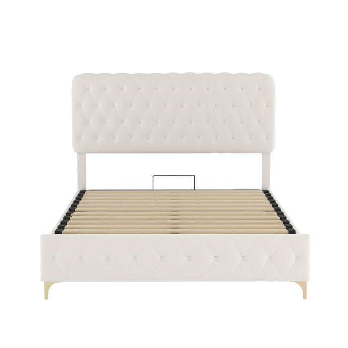 Queen Platform Bed Frame With Pneumatic Hydraulic Function, Velvet Upholstered Bed With Deep Tufted Buttons, Lift Up Storage Bed With Hidden Underbed Oversized Storage, Beige