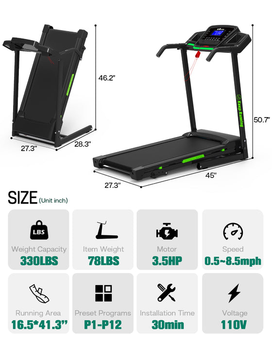 Foldable Treadmill With Incline, Folding Treadmill For Home, Handrail Controls Speed, Pulse Monitor