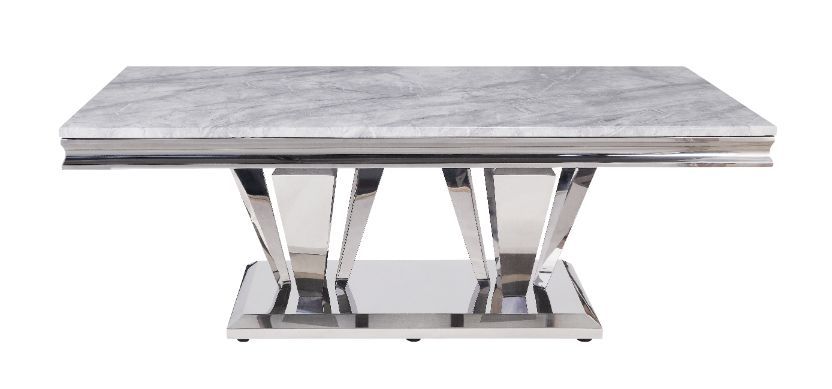 Satinka - Coffee Table - Light Gray Printed Faux Marble & Mirrored Silver Finish Unique Piece Furniture