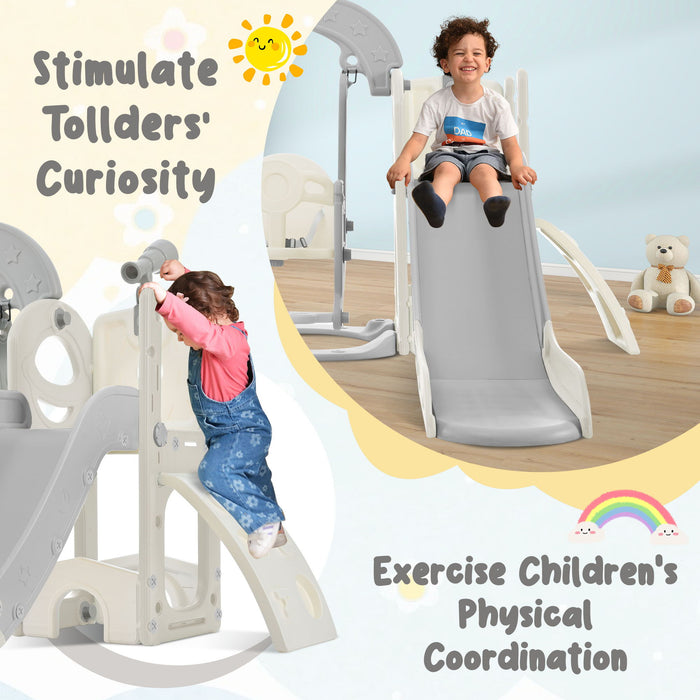 Toddler Slide And Swing Set 5 In 1, Kids Playground Climber Slide Playset With Telescope, Freestanding Combination For Babies Indoor & Outdoor - Grey / White