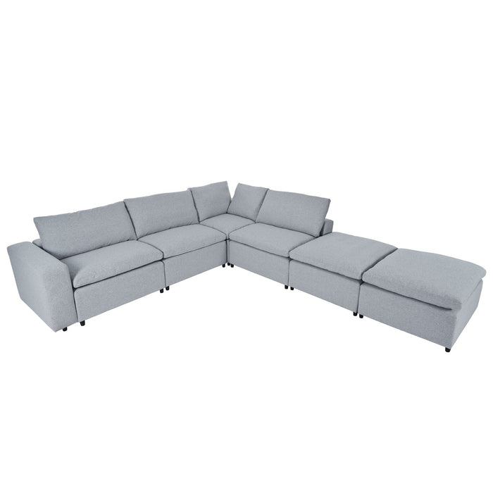 U - Style Down Filled Upholstered Sectional Sofa Set, For Living Room, Apartment, Spacious Space (6 Seater) - Light Gray