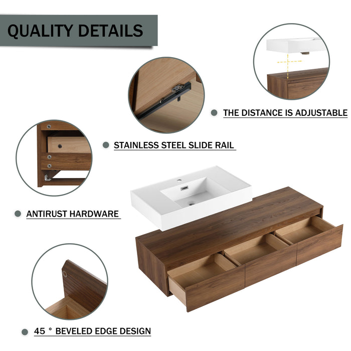 Wall Mounted Bathroom Vanity With Resin Sink And 2 Side Cabinet, 3 Soft Close Drawer - Brown Ebony