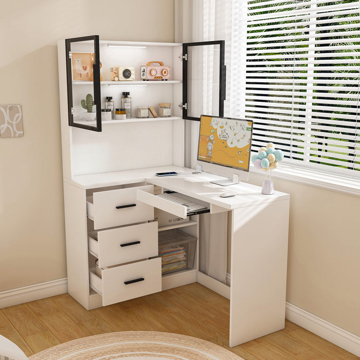 L-Shaped Computer Desk With Glass Cabinets, Built In LED Lights, USB Charging Ports