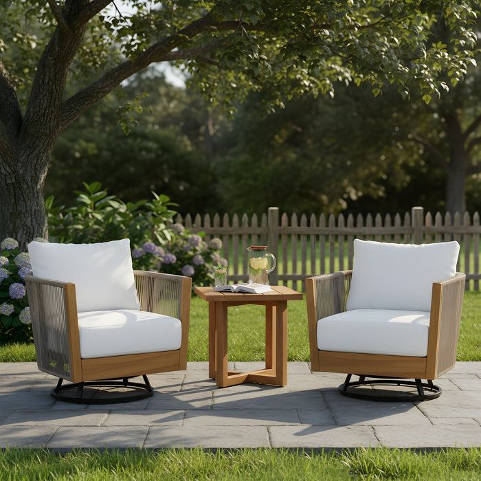 2 Swivel Chairs With Slat Top X Stretcher Side Table - Acacia Wood / Beige