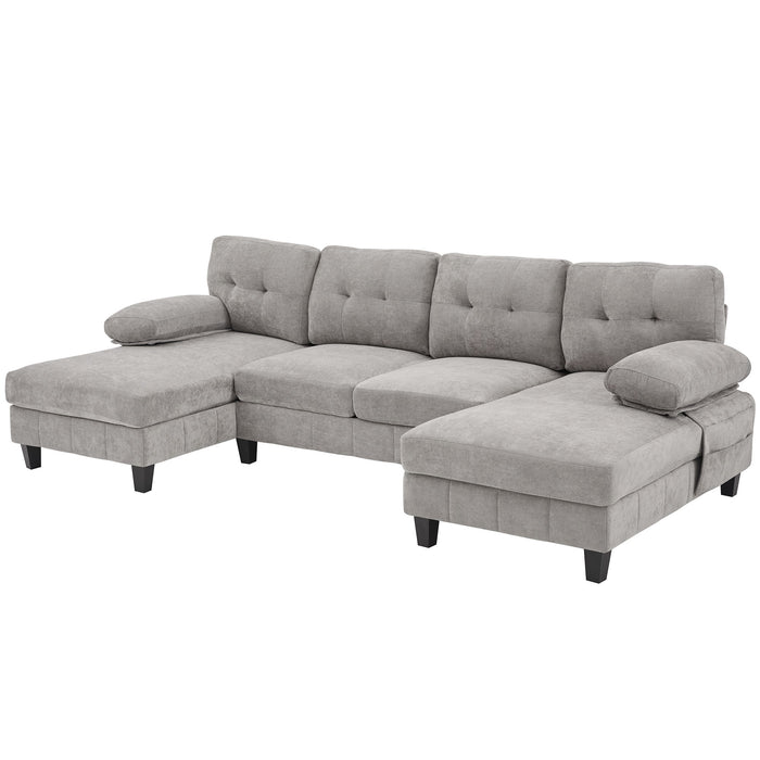 U-Shaped Sectional Sofa 103.5" Black Chenille Fabric Couch With Dual Chaise Lounges, Storage Pockets, Armrest Pillows