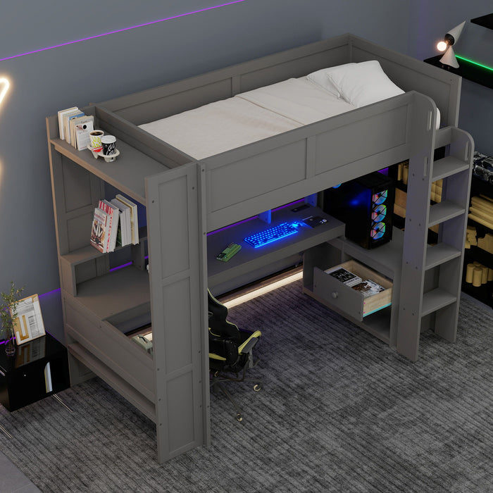 Gaming Loft Bed With Desk, Multi Storage Shelves, LED And Charging Station
