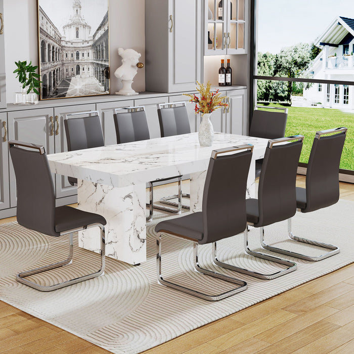 One Piece Of White MDF Material With Patterns On The Dining Table, 8 PU Synthetic Leather High Backrest Cushioned Side Chairs With C-Shaped Silver Metal Legs