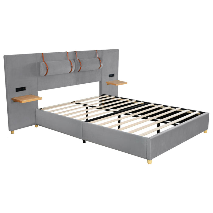 Upholstered Platform Bed, 2 Outlets And USB Charging Ports On Both Sides, 2 Bedside Pillows, Storage Shelves