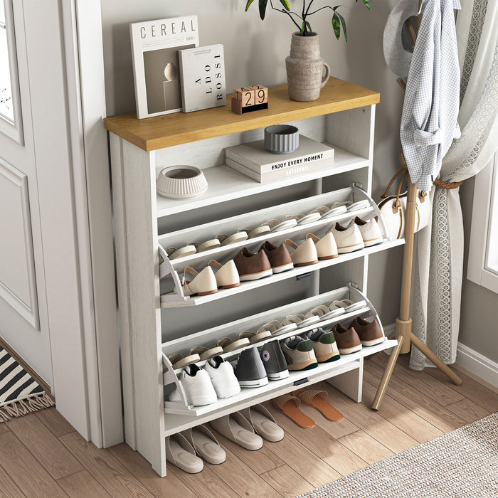 4 Layer Folding Shoe Cabinet With Metal Rounded Corners Convenient Shoe Storage - White