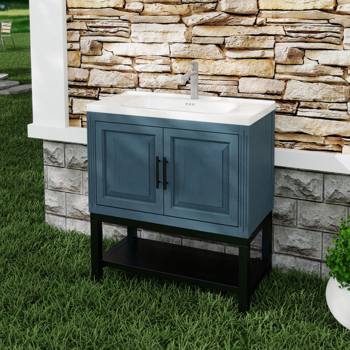 Modern Freestanding Bathroom Vanity With Ceramic Sink, Hot And Cold Faucet, Storage Cabinet & Open Shelf